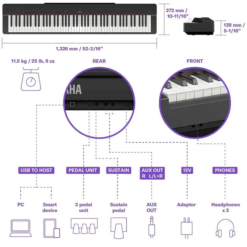 Yamaha P-225 розміри та підключення Yamaha P-225 розміри та підключення