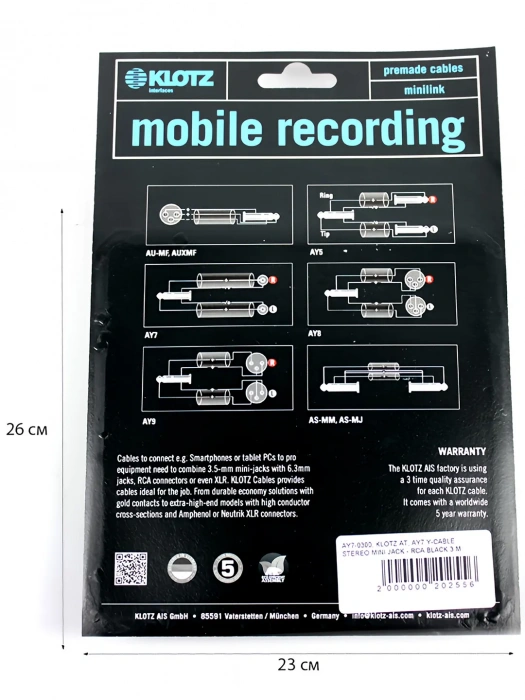 Кабель Кабель Klotz AY7 Y-Cable Stereo Mini Jack - RCA Black 3 m