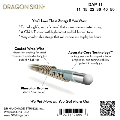 Струни DR DAP-11 Dragon Skin+ Acoustic Phosphor Bronze Custom Light 11-50