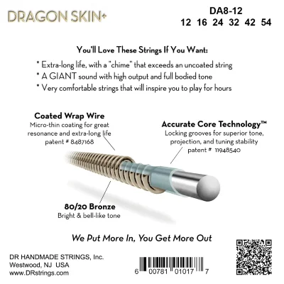 Струни DR DA8-12 Dragon Skin+ Acoustic 80/20 Bronze Light 12-54