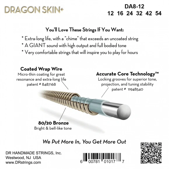 Струни DR DA8-12 Dragon Skin+ Acoustic 80/20 Bronze Light 12-54