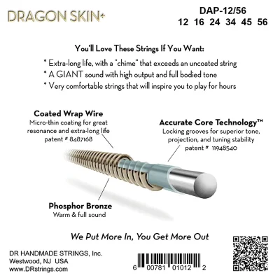 Струни DR DAP-12/56 Dragon Skin+ Acoustic Phosphor Bronze Bluegrass 12-56