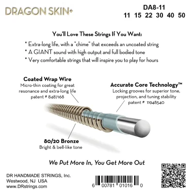 Струни DR DA8-11 Dragon Skin+ Acoustic 80/20 Bronze Custom Light 11-50
