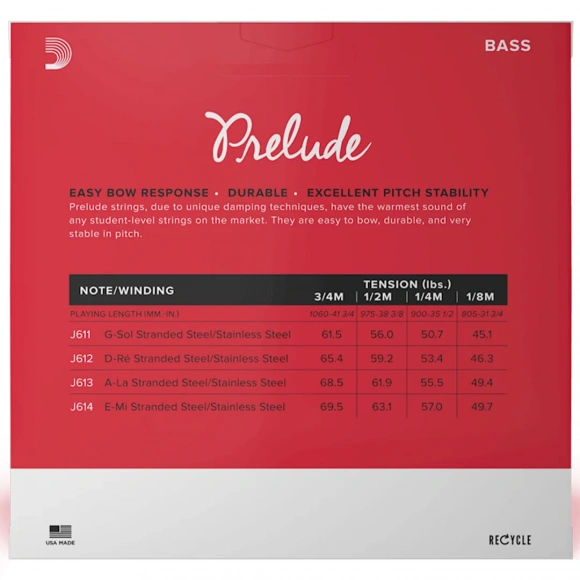 Струни D'Addario J612 3/4M Prelude Bass Single D String Струни D'Addario J612 3/4M Prelude Bass Single D String