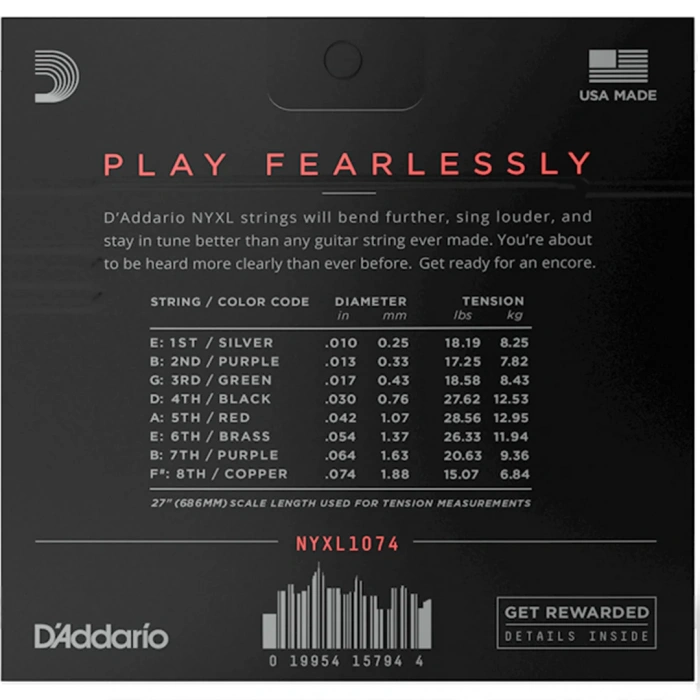 D'Addario NYXL1074 NYXL Electric Light Top/Heavy Bottom 8-String 10-74