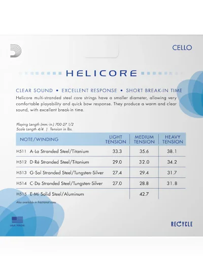 Струни для віолончелі D'Addario H510 4/4H Helicore Cello String Set 4/4 Scale Heavy Tension
