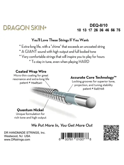 Струни DR Strings DEQ8-10 Dragon Skin+ Electric Medium 8-String 10-75