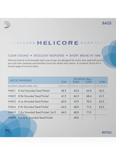 Струни для контрабаса D'Addario HH610 3/4M Helicore Hybrid Bass String Set 3/4 Scale Medium Tension