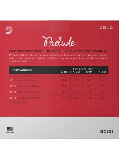 D'Addario J1010 3/4M Prelude Cello String Set 3/4 Scale Medium Tension