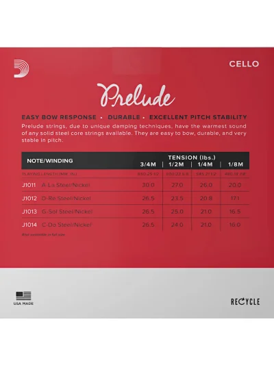 Струни для віолончелі D'Addario J1010 3/4M Prelude Cello String Set 3/4 Scale Medium Tension