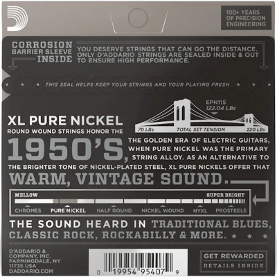 Струни D'Addario EPN115 XL Pure Nickel Blues/Jazz Rock 11-48