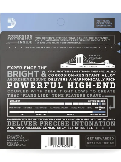 Струни D'Addario EPS165-5 Prosteels Bass Reg Light Top / Med Bottom 5-String (45-135)
