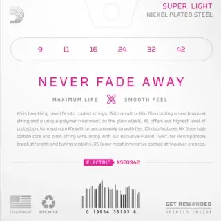 D'Addario XSE0942 XS Coated Electric Guitar Strings Super Light 09-42