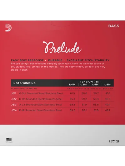 Струни для контрабаса D'Addario J610 3/4M Prelude Bass String Set 3/4 Scale Medium Tension