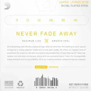 D'Addario XSE0946 XS Coated Electric Guitar Strings Super Light Top Regular Bottom 09-46