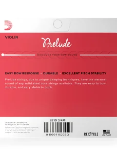 D'Addario J810 3/4M Prelude Violin String Set 3/4 Scale Medium Tension