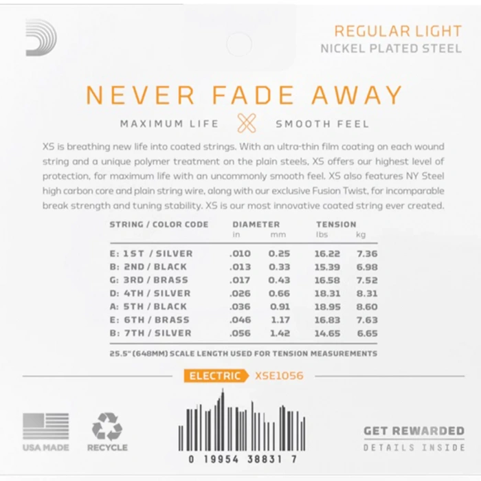 D'Addario XSE1056 XS Coated Regular Light 7-String 10-56