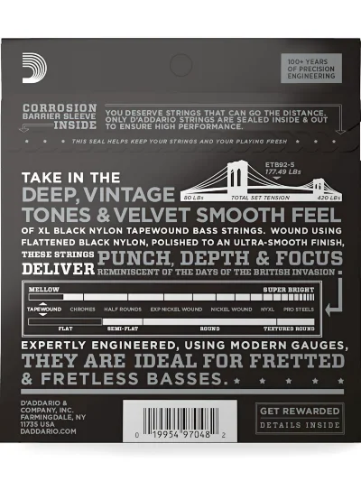 Струни D'Addario ETB92-5 XL Nylon Tapewound 5-String Bass (50-135)