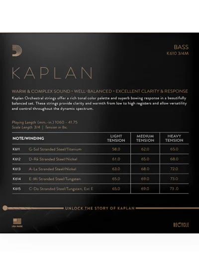 Струни для контрабаса D'Addario K610 3/4M Kaplan Bass String Set 3/4 Scale Medium Tension