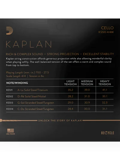 Струни для віолончелі D'Addario KS510 4/4M Kaplan Cello String Set 4/4 Scale Medium Tension