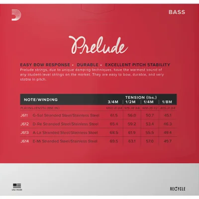 Струни для контрабаса D'Addario J613 3/4M Prelude Bass String 3/4 Scale Medium Tension