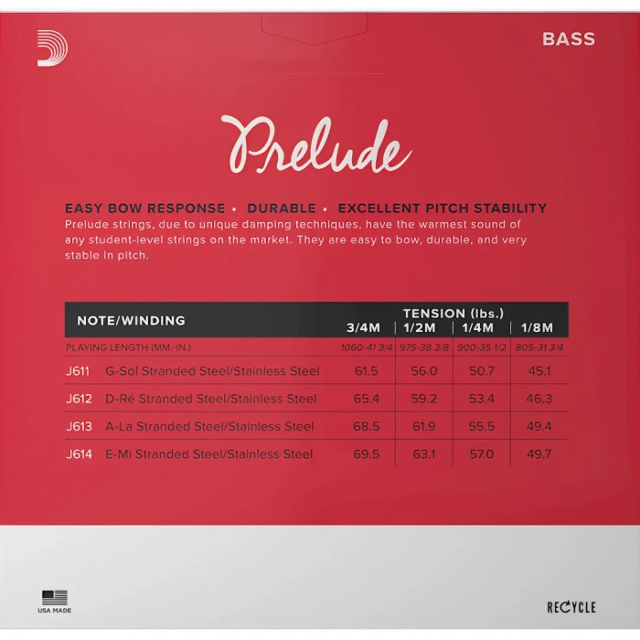 D'Addario J613 3/4M Prelude Bass String 3/4 Scale Medium Tension