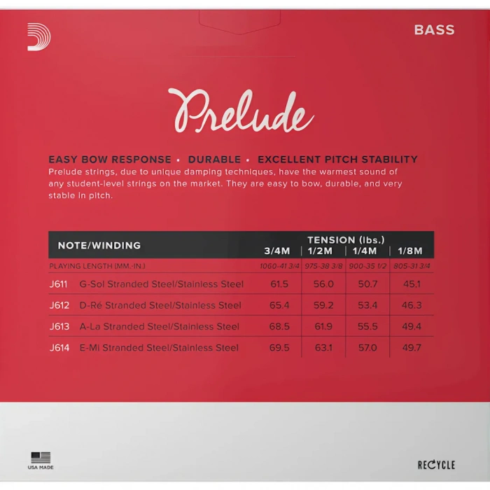 D'Addario J611 3/4M Prelude Bass String 3/4 Scale Medium Tension