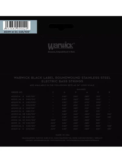 Струни Warwick 40311 Black Label Medium 5-String High C (25-105)