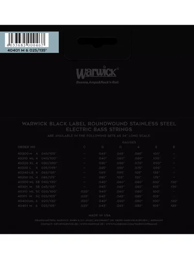 Струни Warwick 40401 Black Label Medium 6-String (25-135)