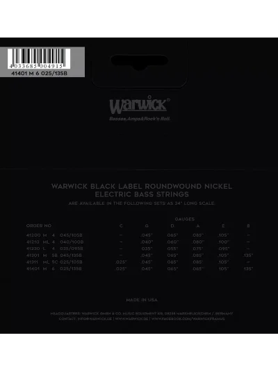 Струни Warwick 41401 Black Label Nickel-Plated Medium 6-String (25-135)
